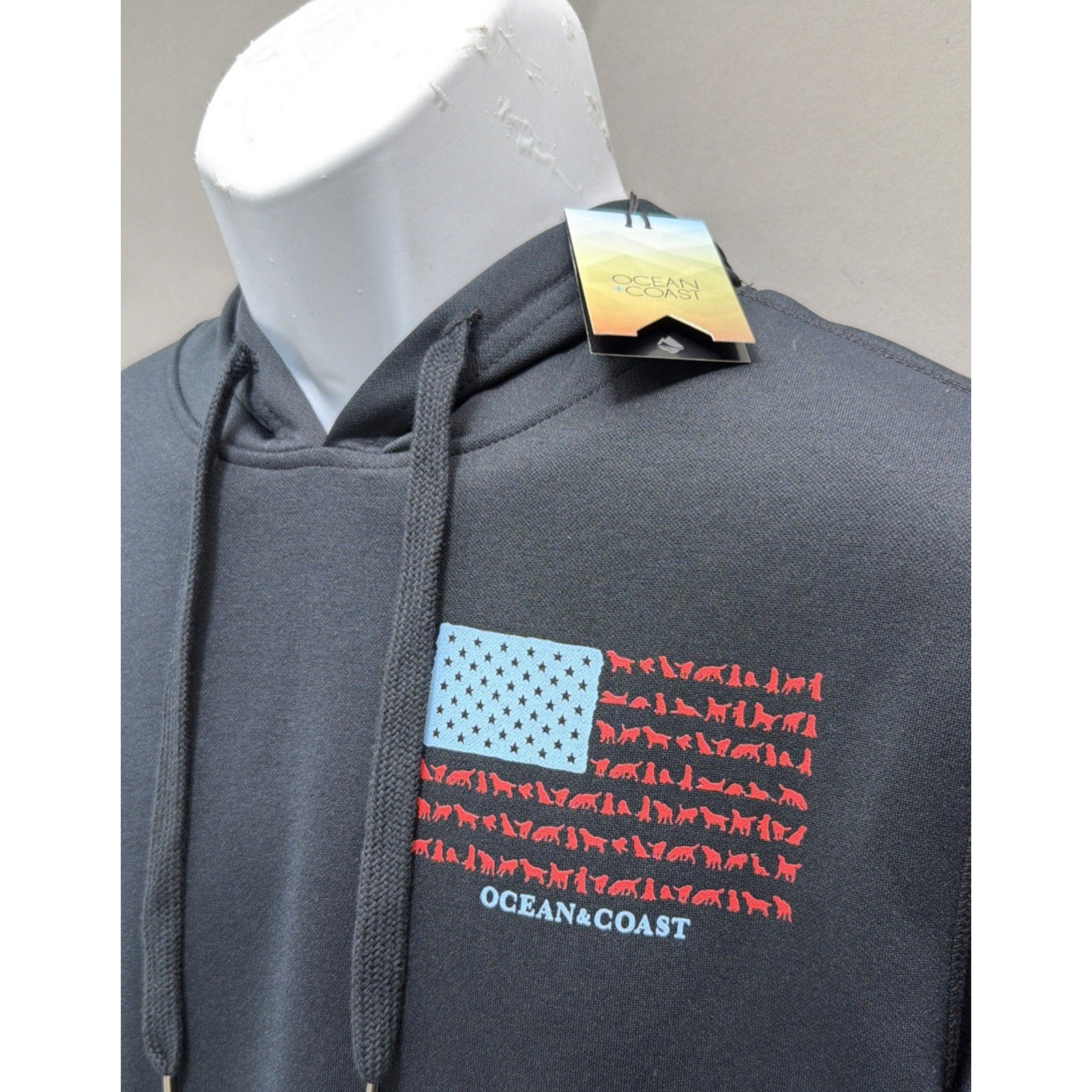 NWT Ocean & Coast Hoodie Men’s Small Black Animal American Flag Pullover Pocket