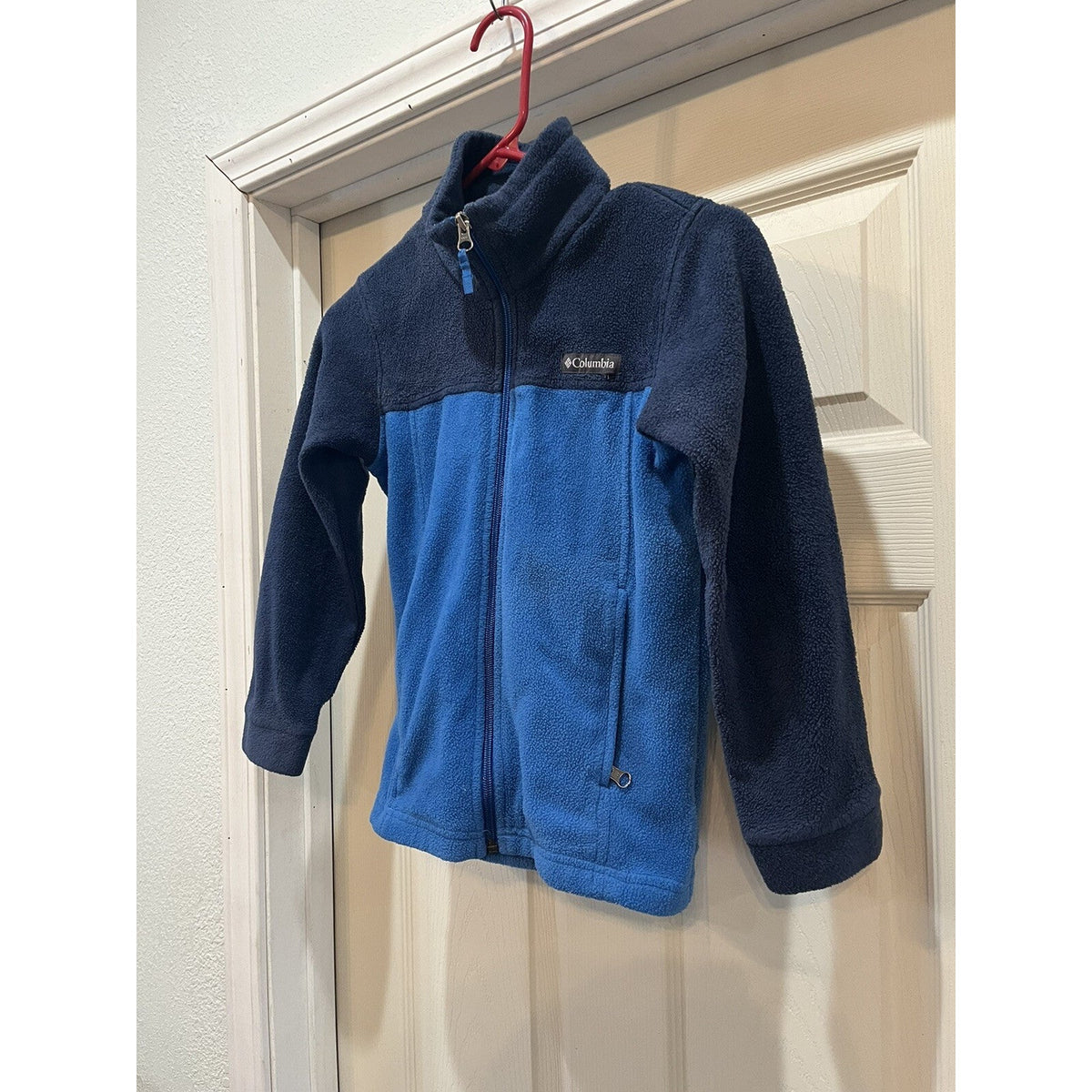 Columbia Full Zip Fleece Jacket Youth Size Small Blue Black Zip Pockets EUC