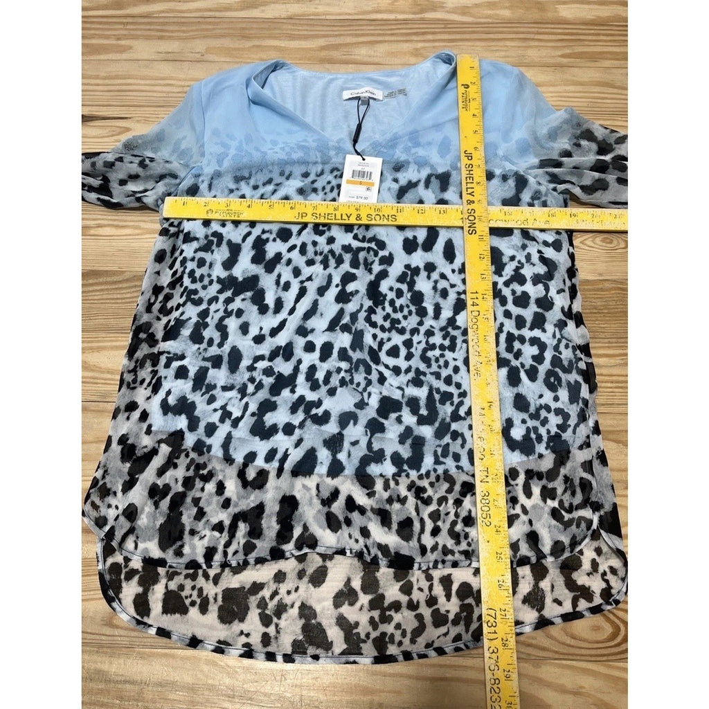 Calvin Klein Women’s Sz S Blue/snow Leopard Long Sleeve Lined V Neck Blouse NWT