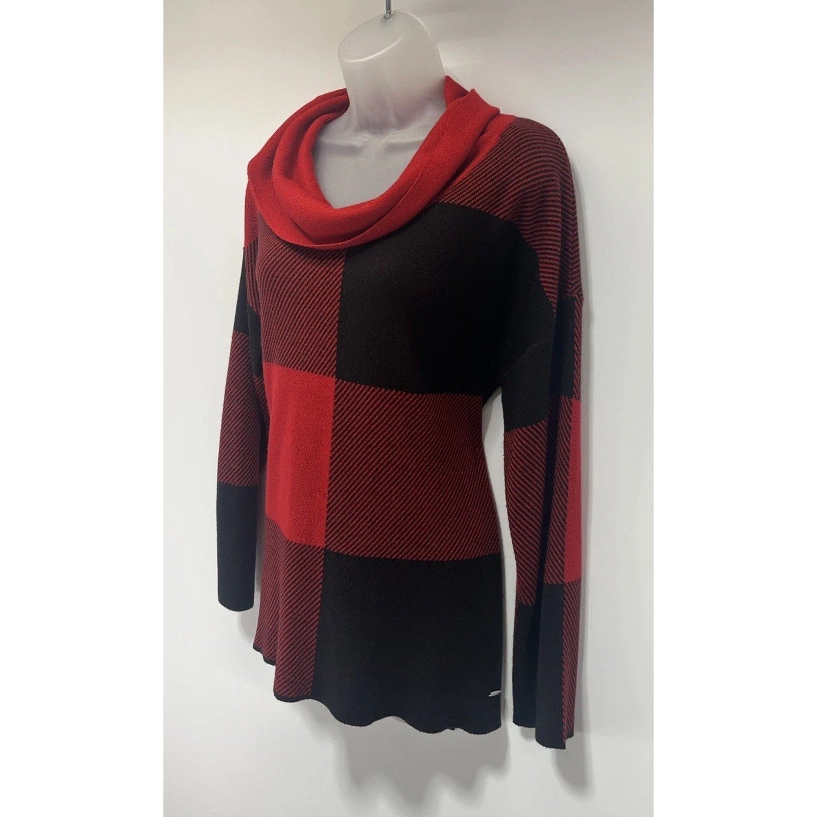 Calvin Klein women's low cowl knit sweater L red & black color block lightweight