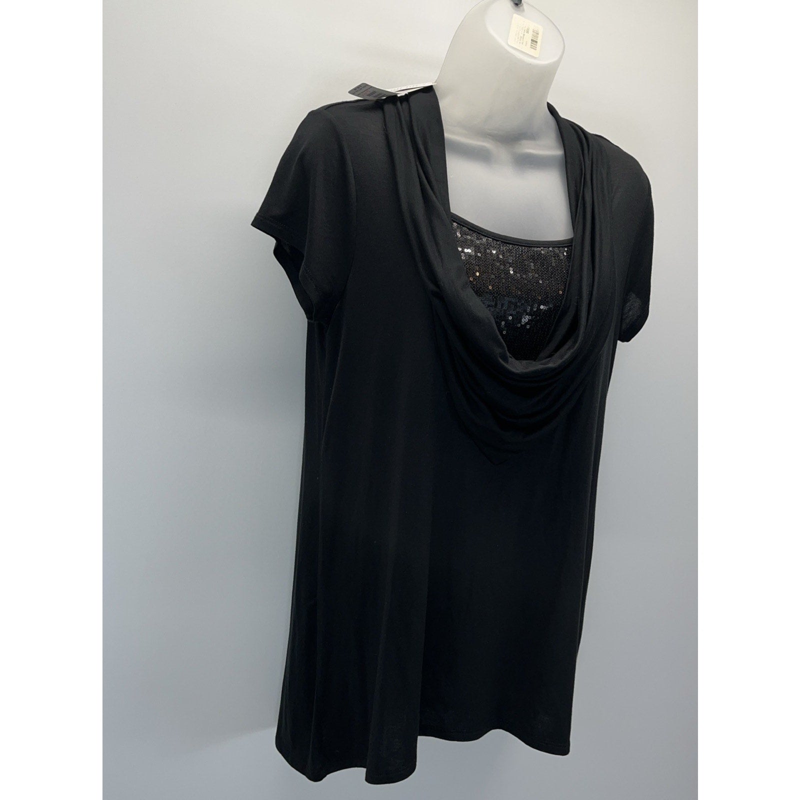 NWT August Silk Top Black Sequin Pullover Round Neck Short Sleeve Size S