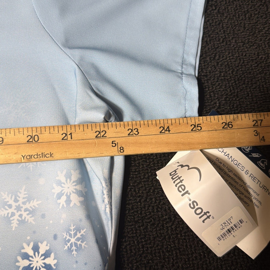 UA Scrubs Butter Soft Women's L Scrub Top Snowflake Blue Winter Christmas Stretc