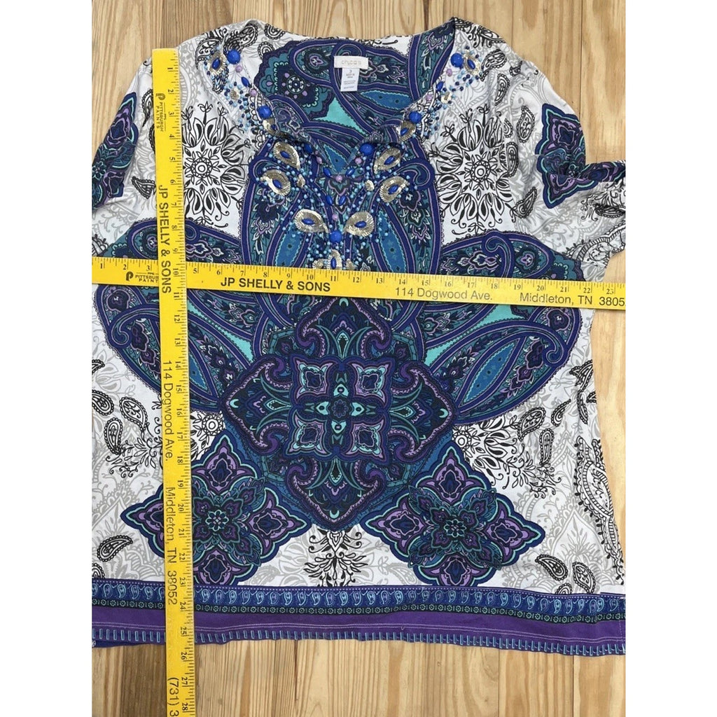 CHICO'S GRAND STATEMENT EMBELLISHED 3/4 SLEEVE TUNIC TOP MULTI COLOR Size 3