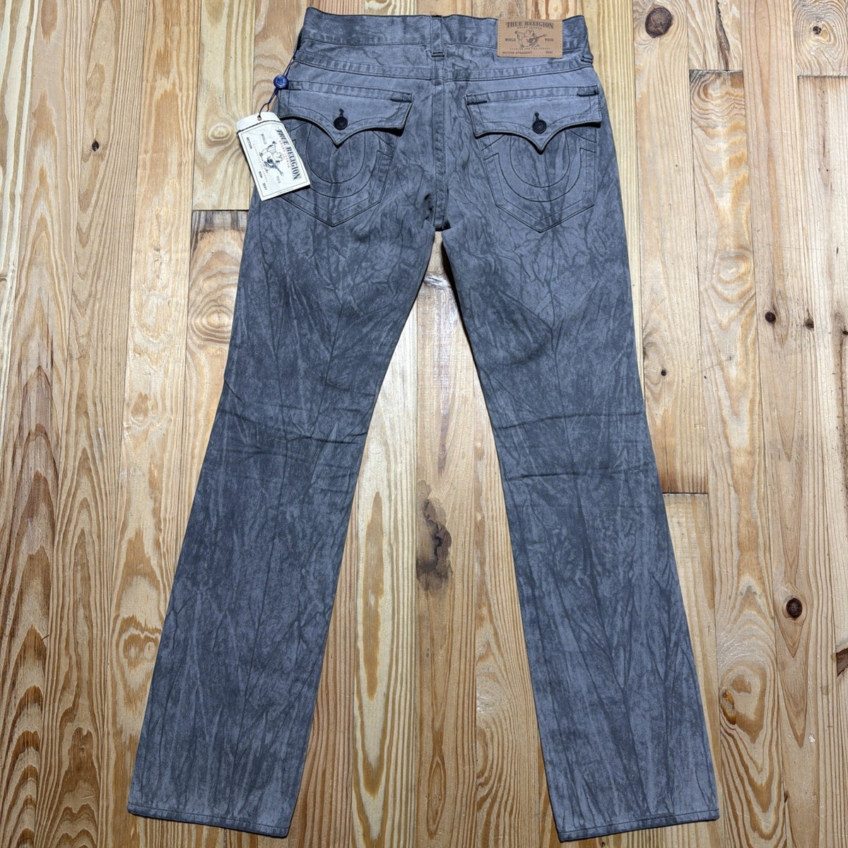 True Religion Straight Jeans Mens 34 x 33 Gray Black Dark Denim Flap