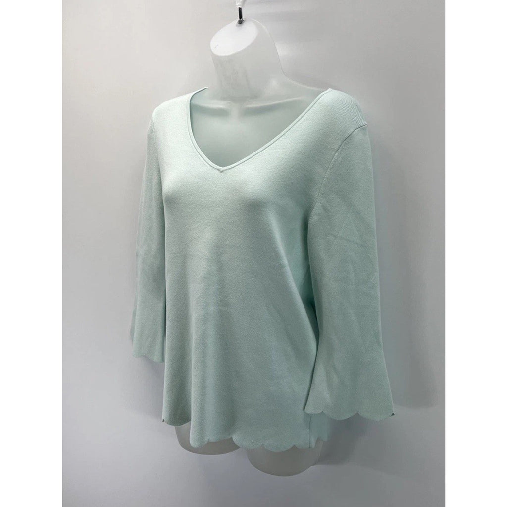 Talbots Women's V-Neck Sweater Size M Light Blue Scalloped Edge