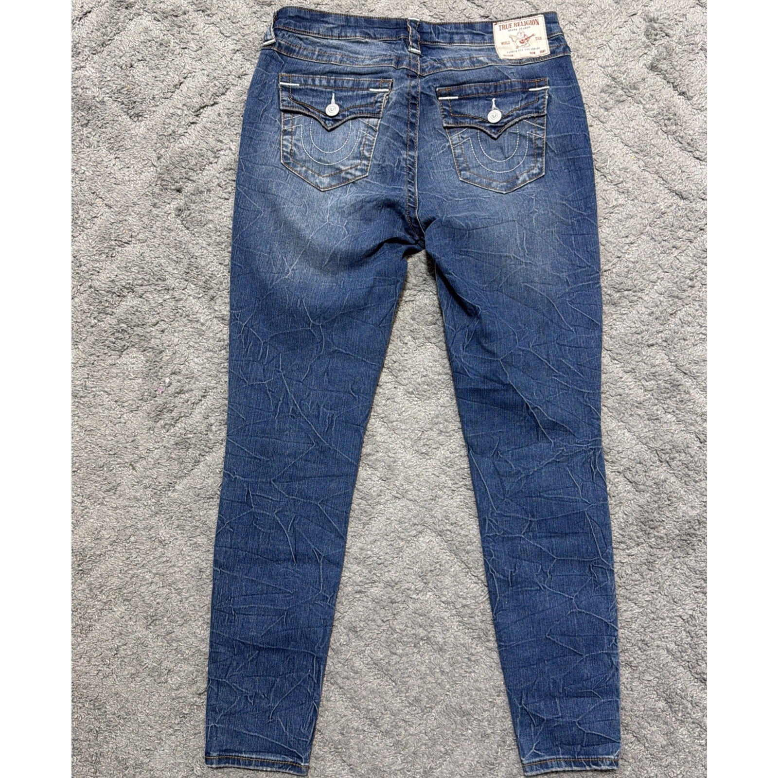 True Religion Jennie Curvy Mid Rise Super Skinny Flap Blue Jeans Crinkle Size 29