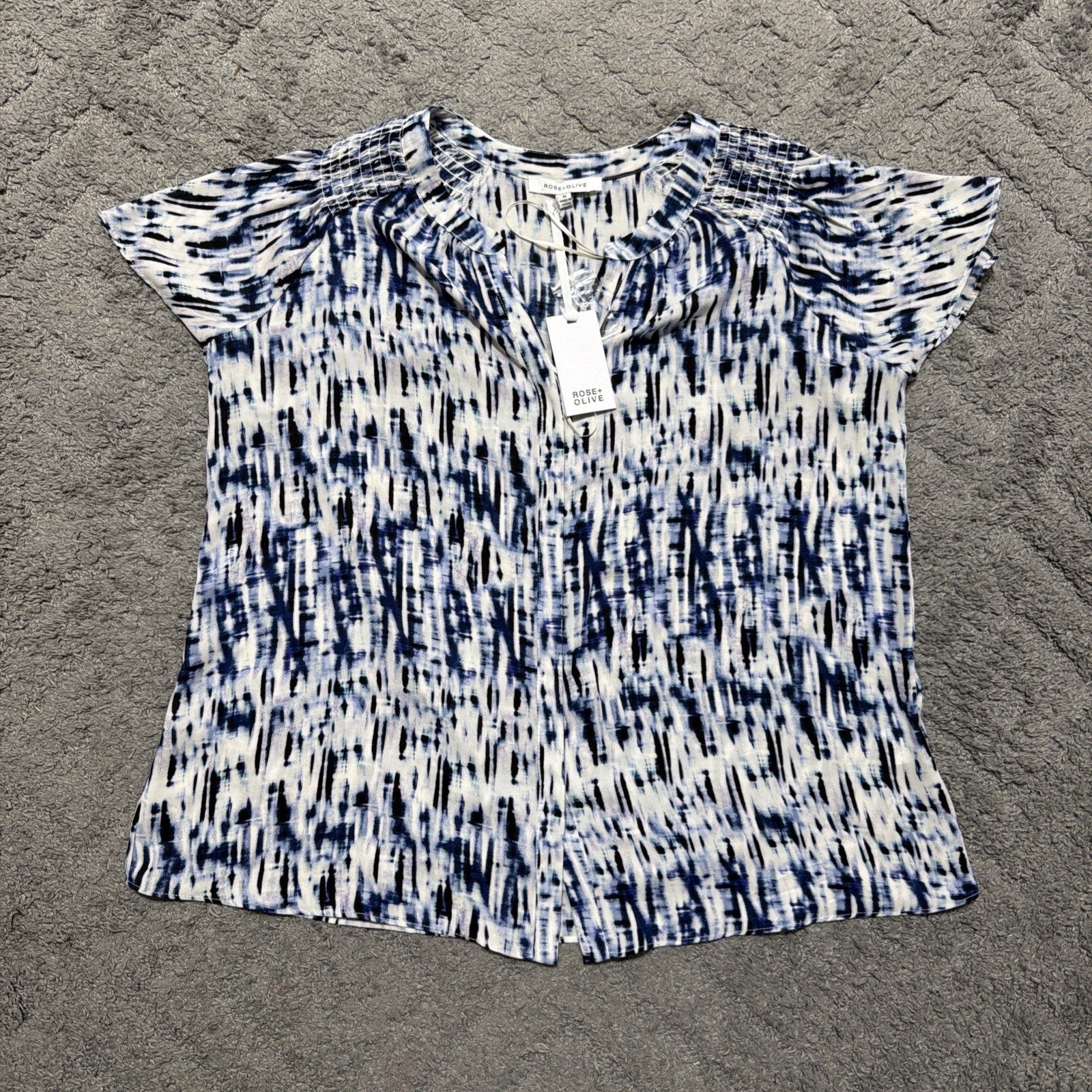 Rose+Olive Button Front Top Womens 1X Plus Size Blue Tie Dye Abstract NWT Career