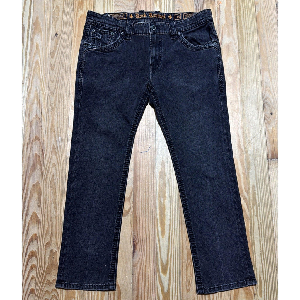 Rock Revival Jeans Mens 38x30 Black Lambeth Denim Pants Embroidery Straight