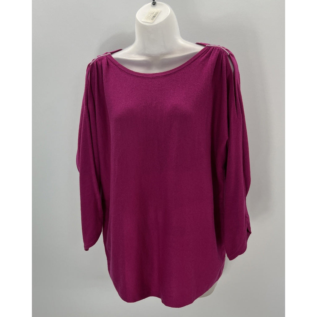 Chico's Size 1 Women's Touch of Cashmere Cold Shoulder Pullover Sweater Magenta