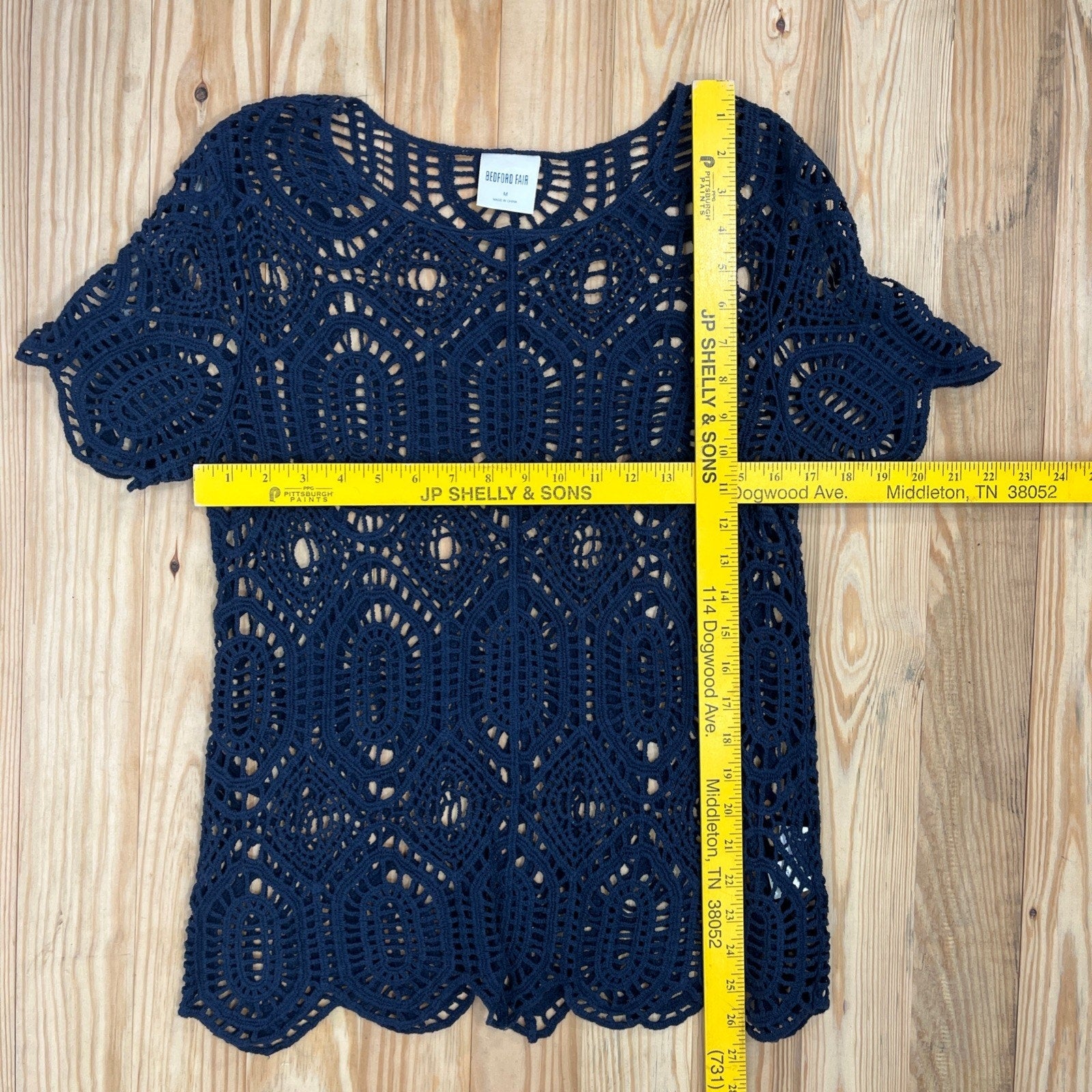 Bedford Fair Top Crochet Blue Open Knit Short Sleeve Women's M