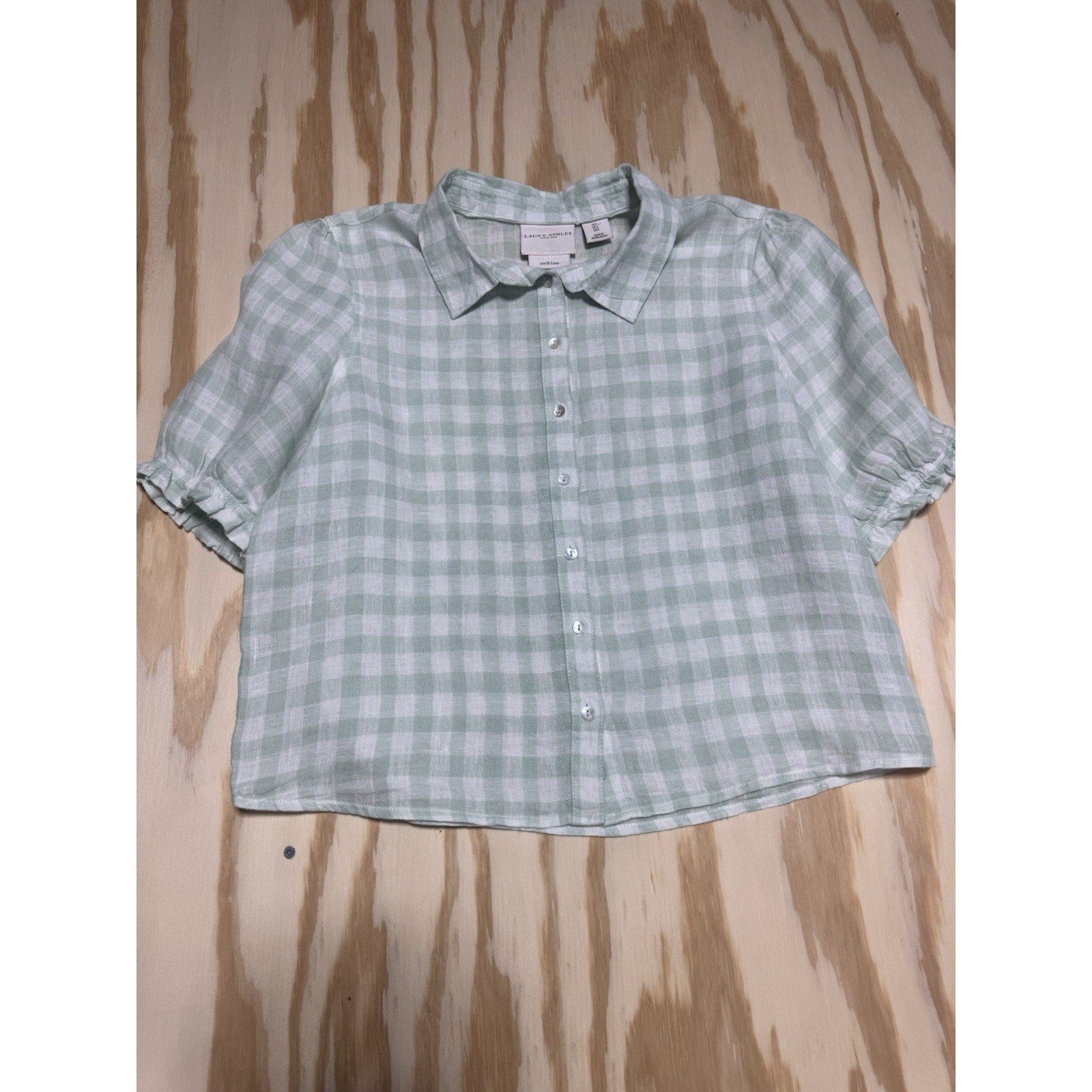Laura Ashley 100% Linen Mint Green Plaid Button Shirt Large Puff Sleeve