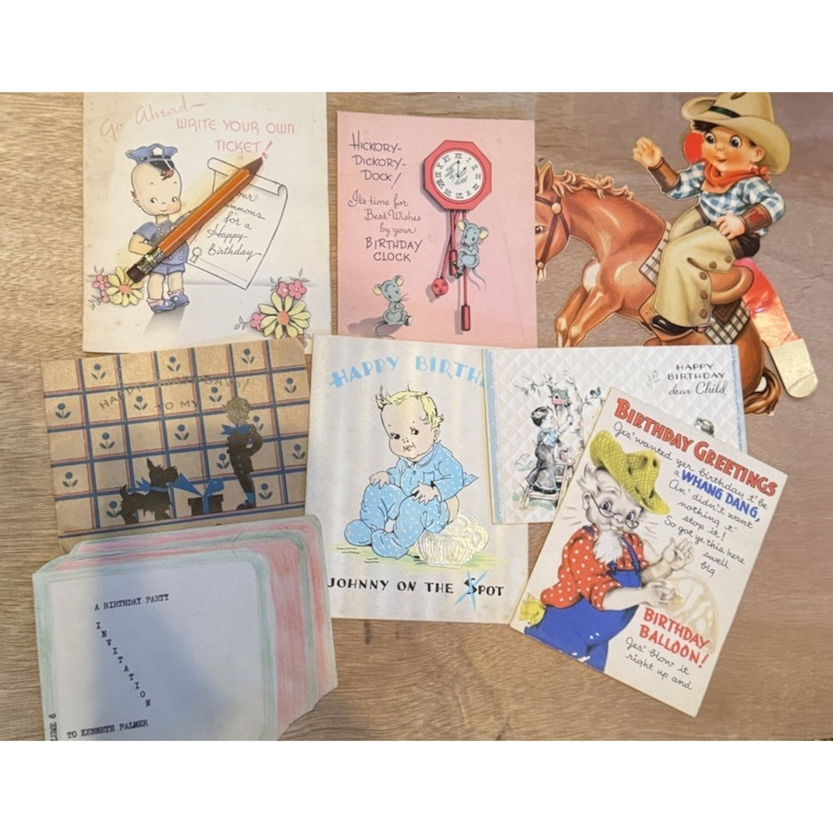 Vintage 1930’s Birthday Card Lot Hallmark Mechanical Die Cut Cowboy Ephemera