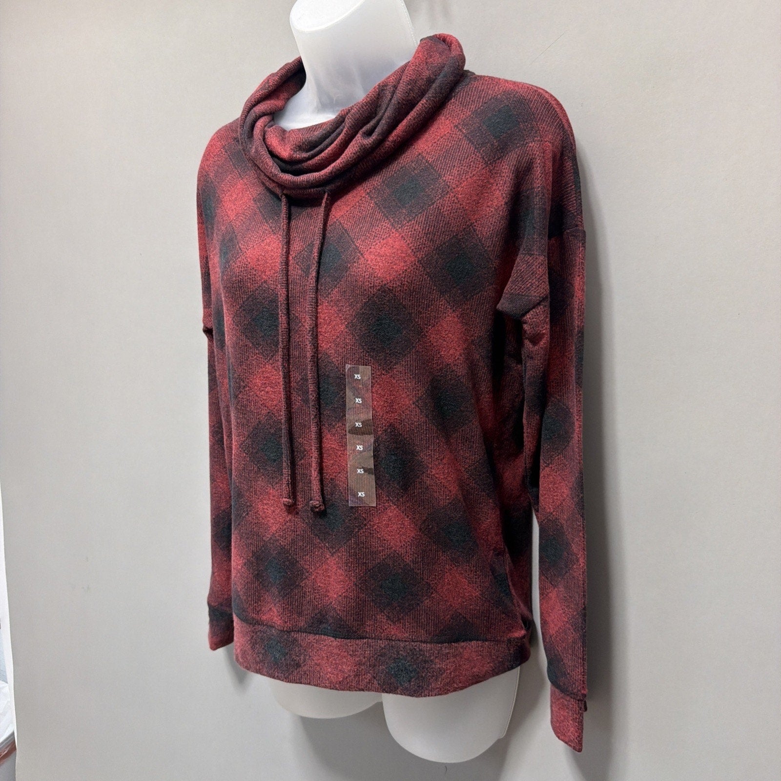 Maurices Lakeside Cozy Plaid Sweatshirt Cowl Mock Neck Sweater Red Women XS NWT
