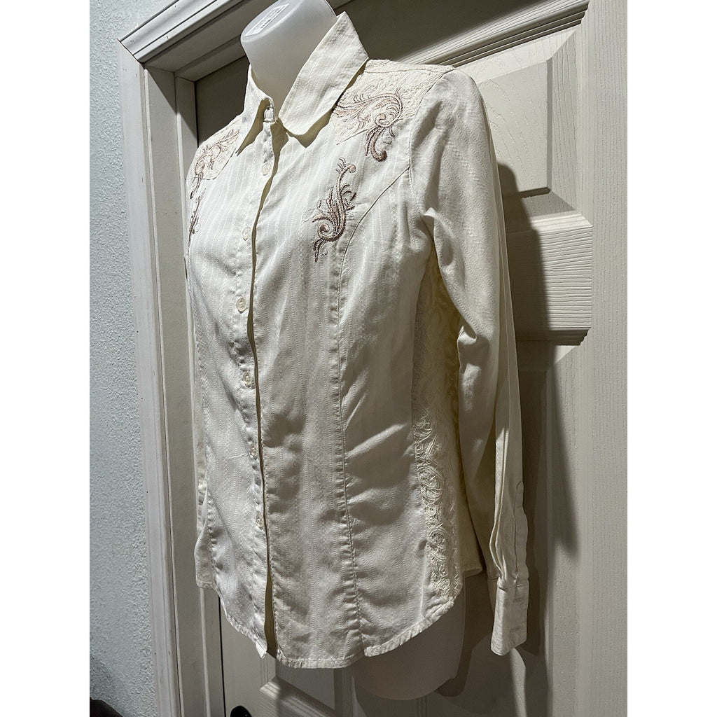 Reba Western Women’s S Beige Trucker Button Up Denim Embellished Collared
