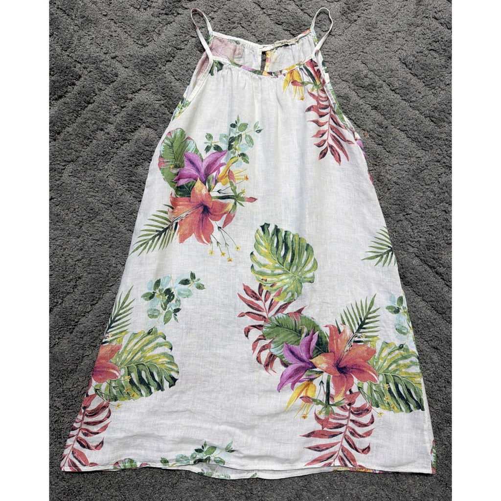 Lungo L’arno 100% Linen Floral Palm Dress Coverup Medium Made in Italy Coastal