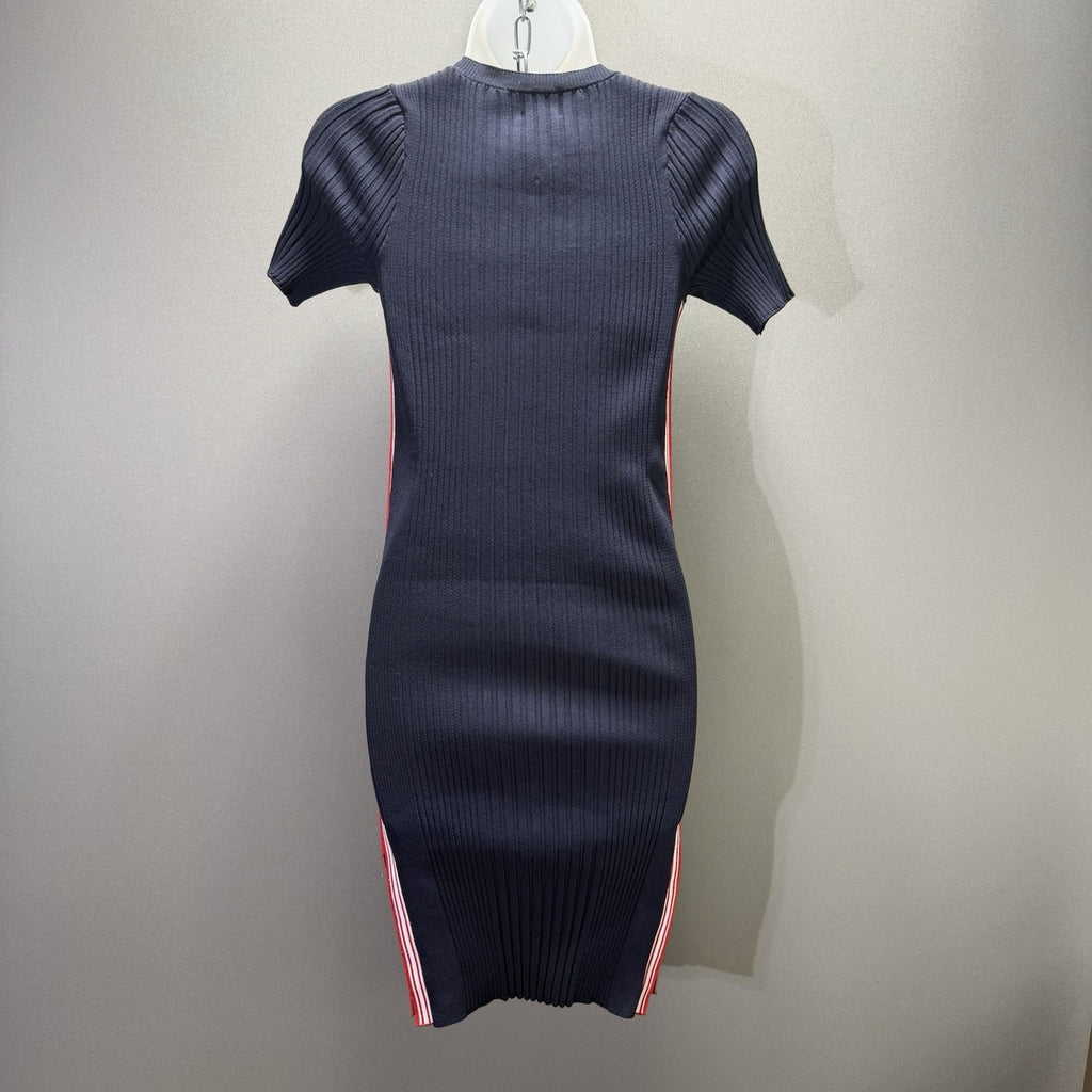 REO Womens Small NWT Navy Ribbed Knit Bodycon Dress Red White Side Stripe Mini