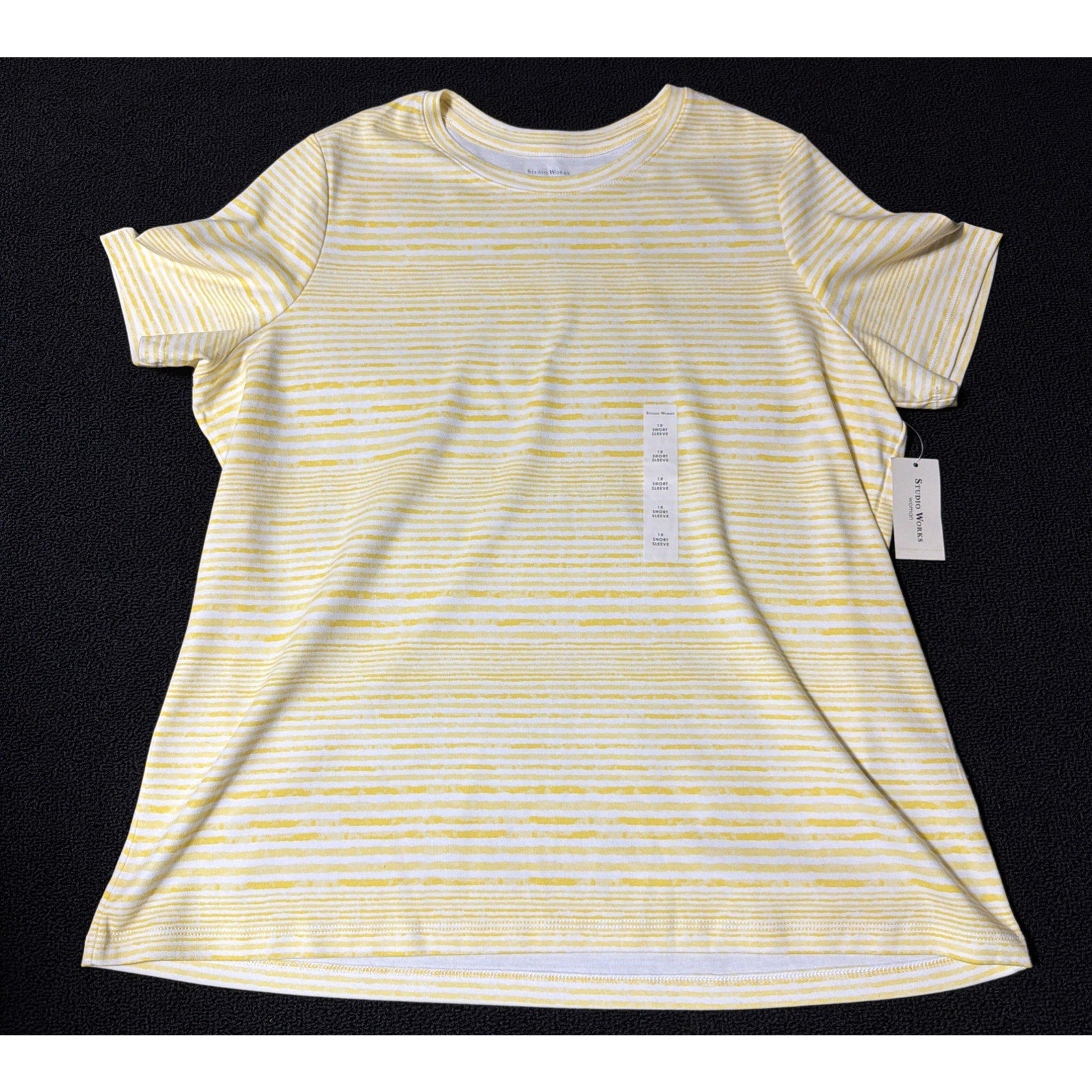 Studio Works women Yellow White Stripe Studio Tee Shirt Top size Plus Sz 1X NWT