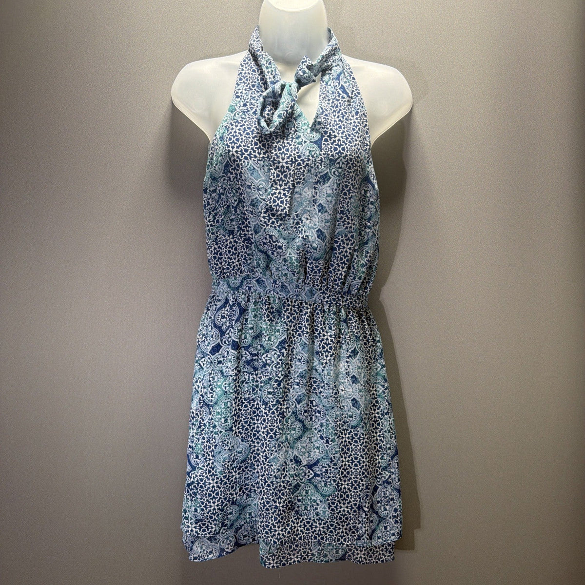 Banana Republic Petite Blue White Sleeveless Blouson Dress Neck Tie 00P