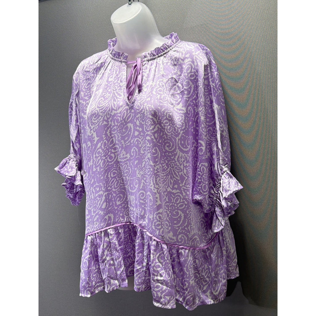 Umgee Lavender Floral Paisley Sheer Oversized V-Neck Blouse Size Small