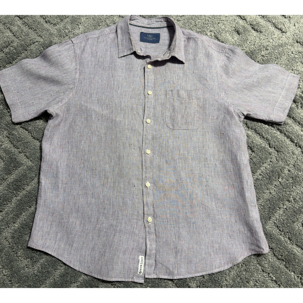 M&S Collection Pure Linen Mens L Shirt Purple Button Collared Preppy Casual