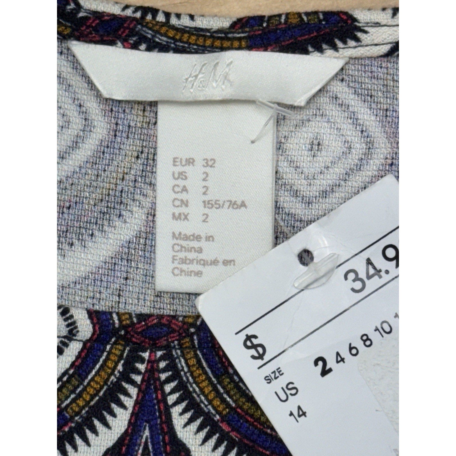 H &M Geometric Design Brown Ivory Tied Back Women’s Size 2 New With Tags