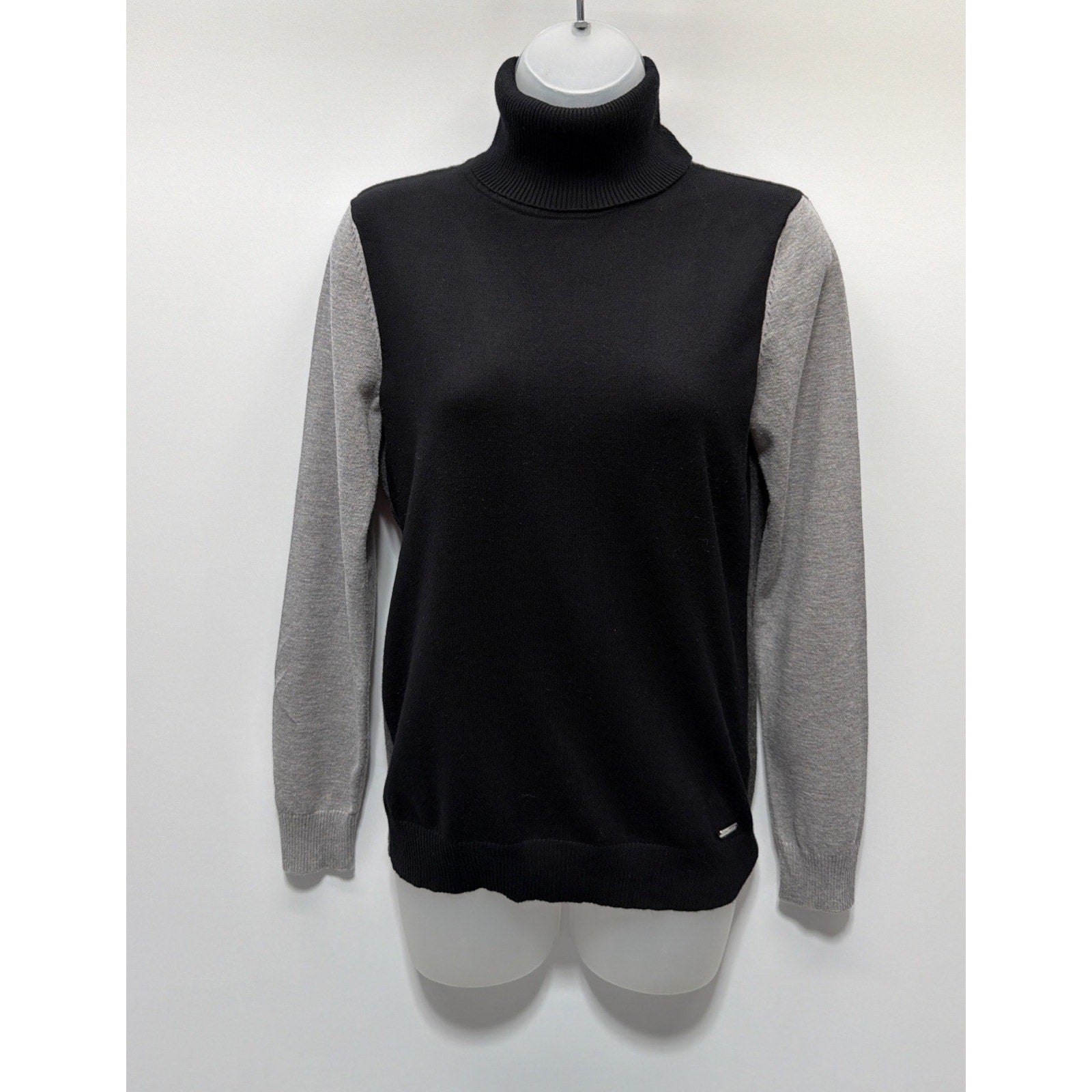 Calvin Klein Womens Gray Colorblock Contrast-Sleeve Turtleneck Sweater Sz S