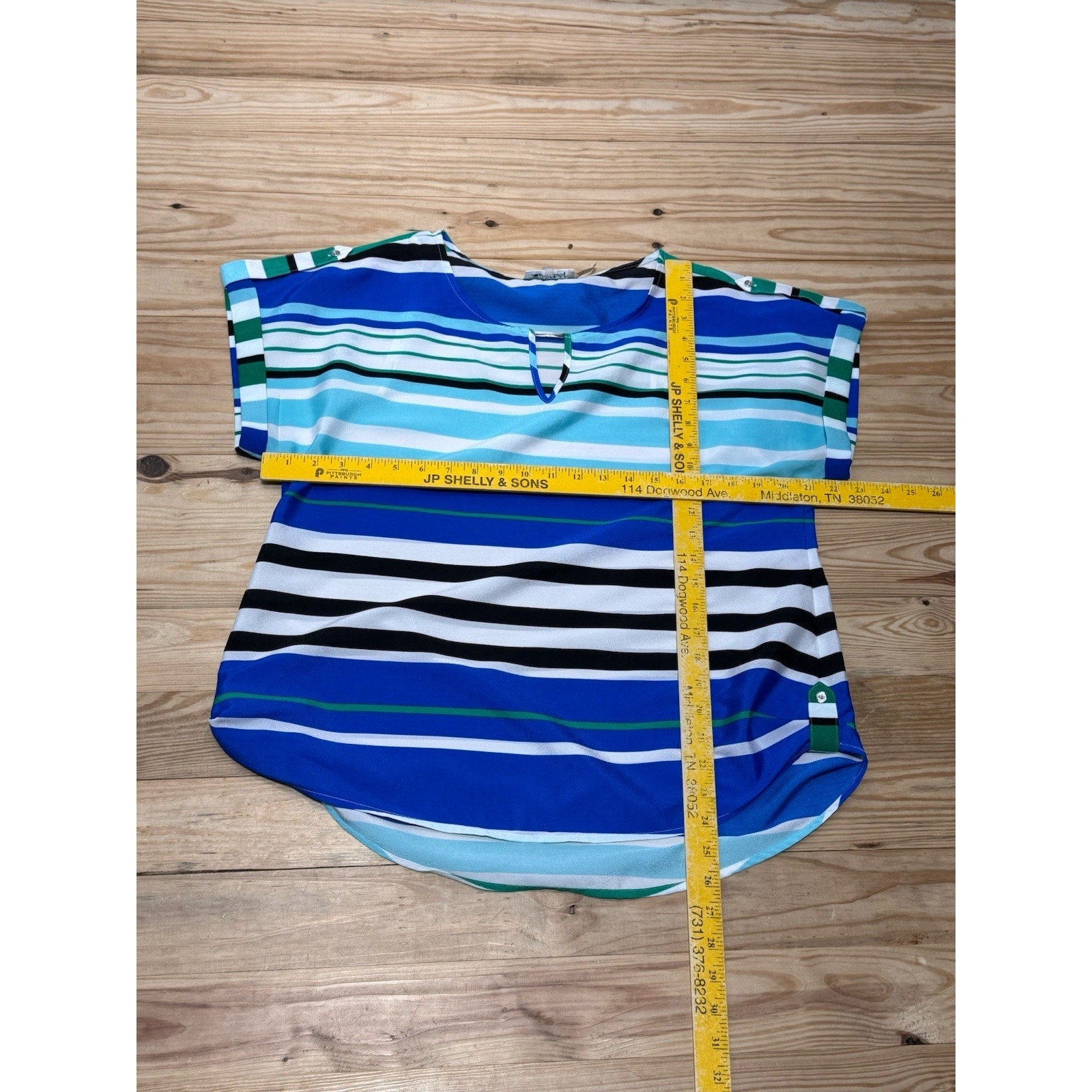 CALVIN KLEIN Blue Black Green Striped Blouse Women’s Size Large