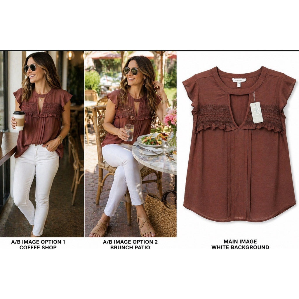 Maurices Womens S Rust Boho Blouse Lace Yoke Keyhole Flutter Sleeve NWT