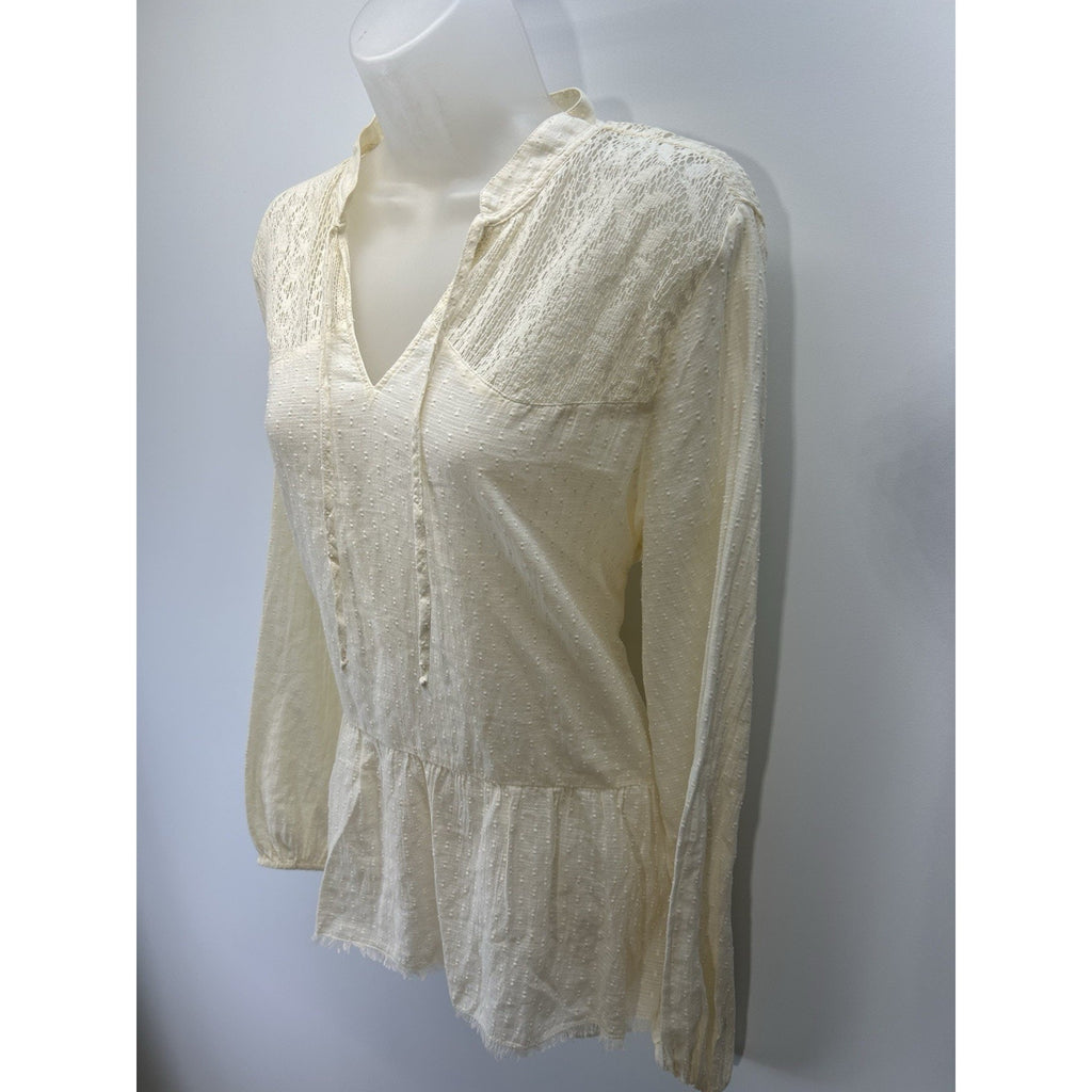True Craft Women Atlas Ivory Pleated V Neck Crochet Gauze Top Size Large.