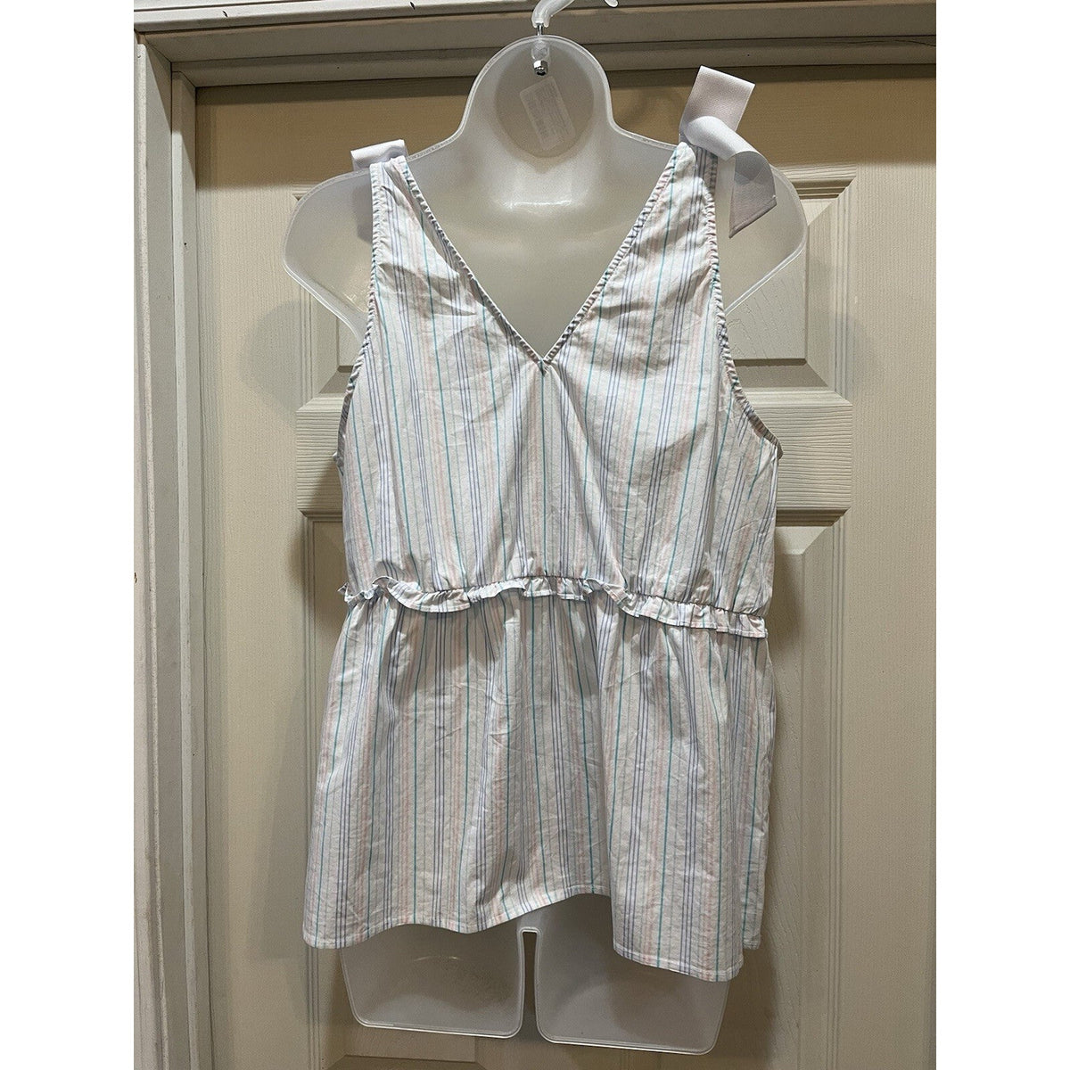 Belle & Sky White Sleeveless Striped Bow Shoulder Top Blouse Women's Size Large