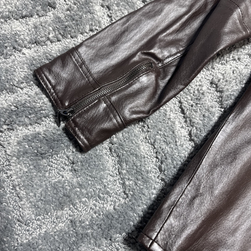 Denim & Co D&CO Leather Ladies Brown Motorcycle Jacket, Size S Style A201535,