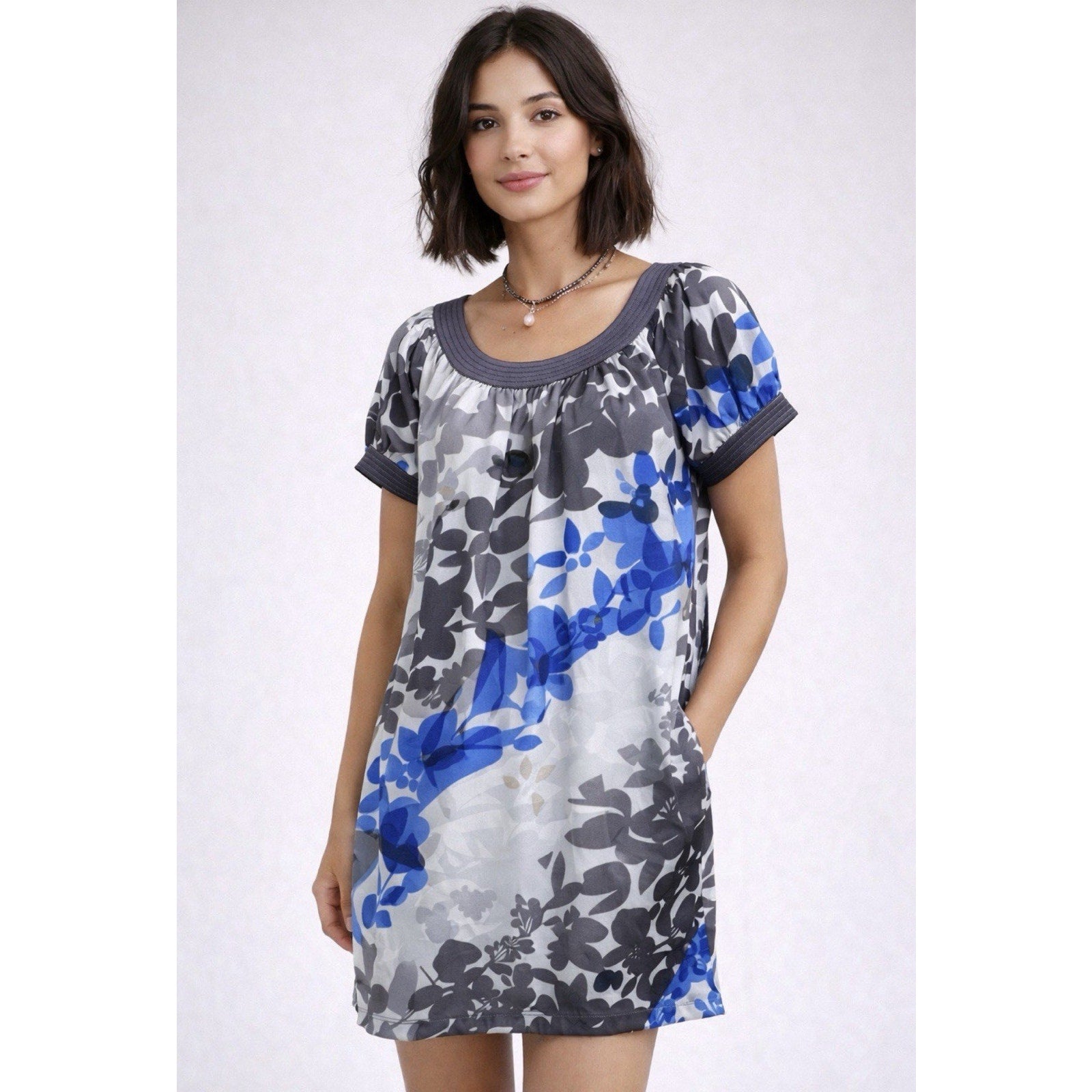 Anthro Moulinette Soeurs Silk Floral Tunic Dress Blue Gray XS Short Sleeve