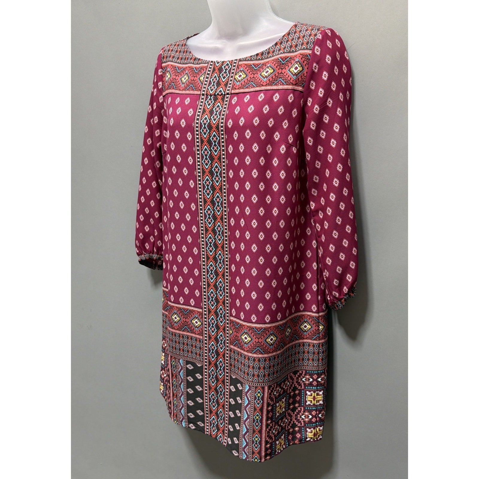 LOFT Petite XS Boho Tunic Top Burgundy Tribal Print 3/4 Sleeve Flowy Blouse