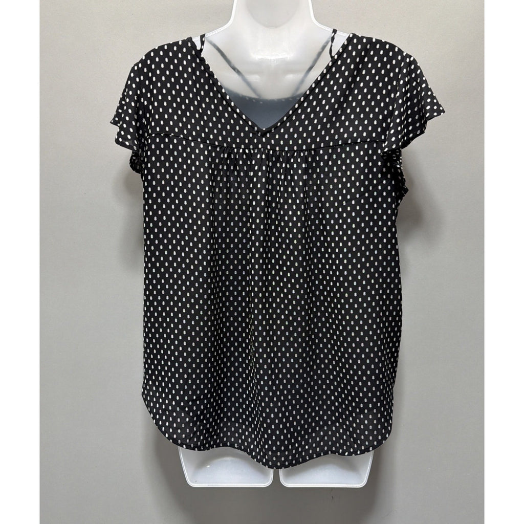 Loft Women Size M Black All Over Print Lined Short Sleeve V Neck Blouse