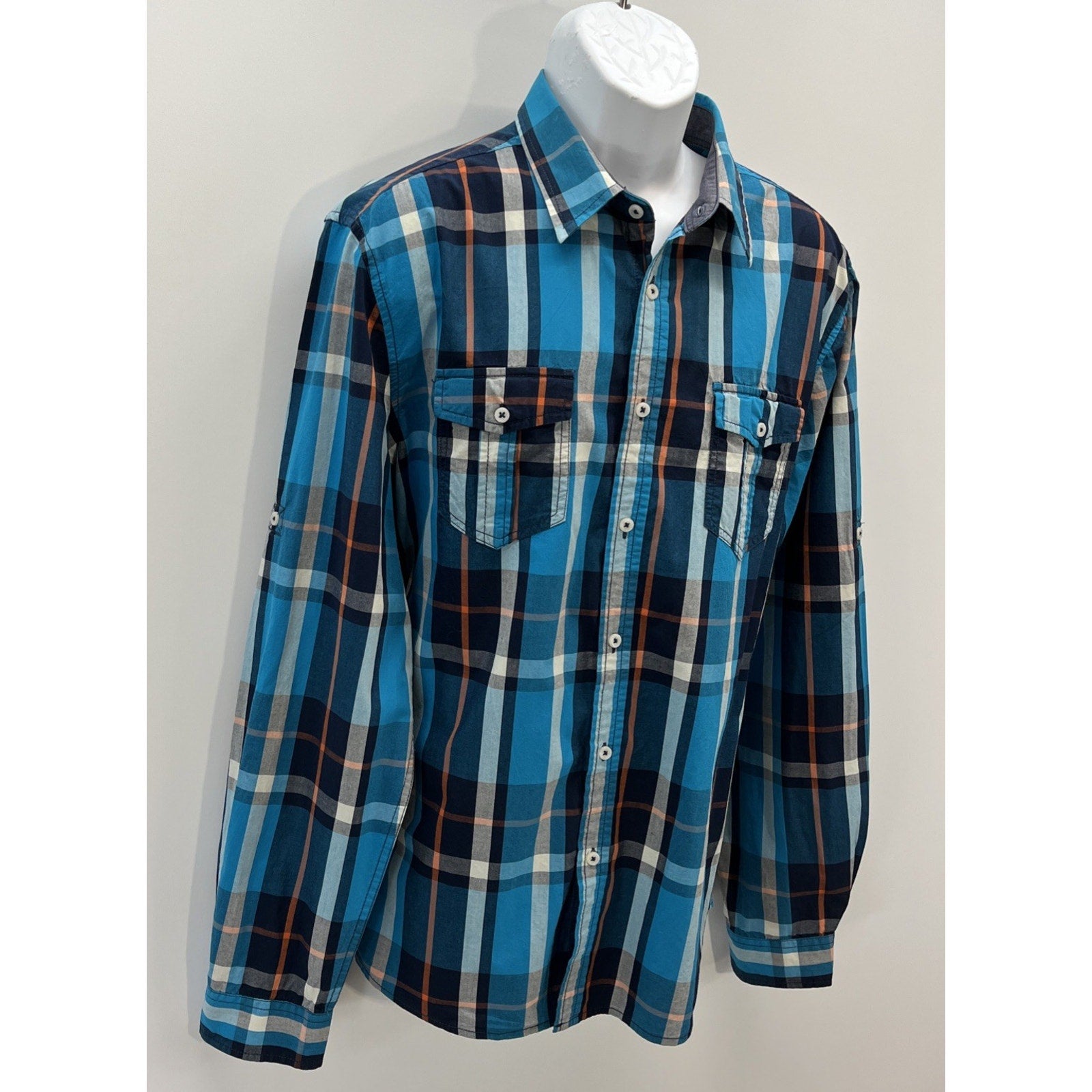 CARBON Slim Fit Mens XXL Plaid Striped Blue Long Sleeve Button Down Shirt