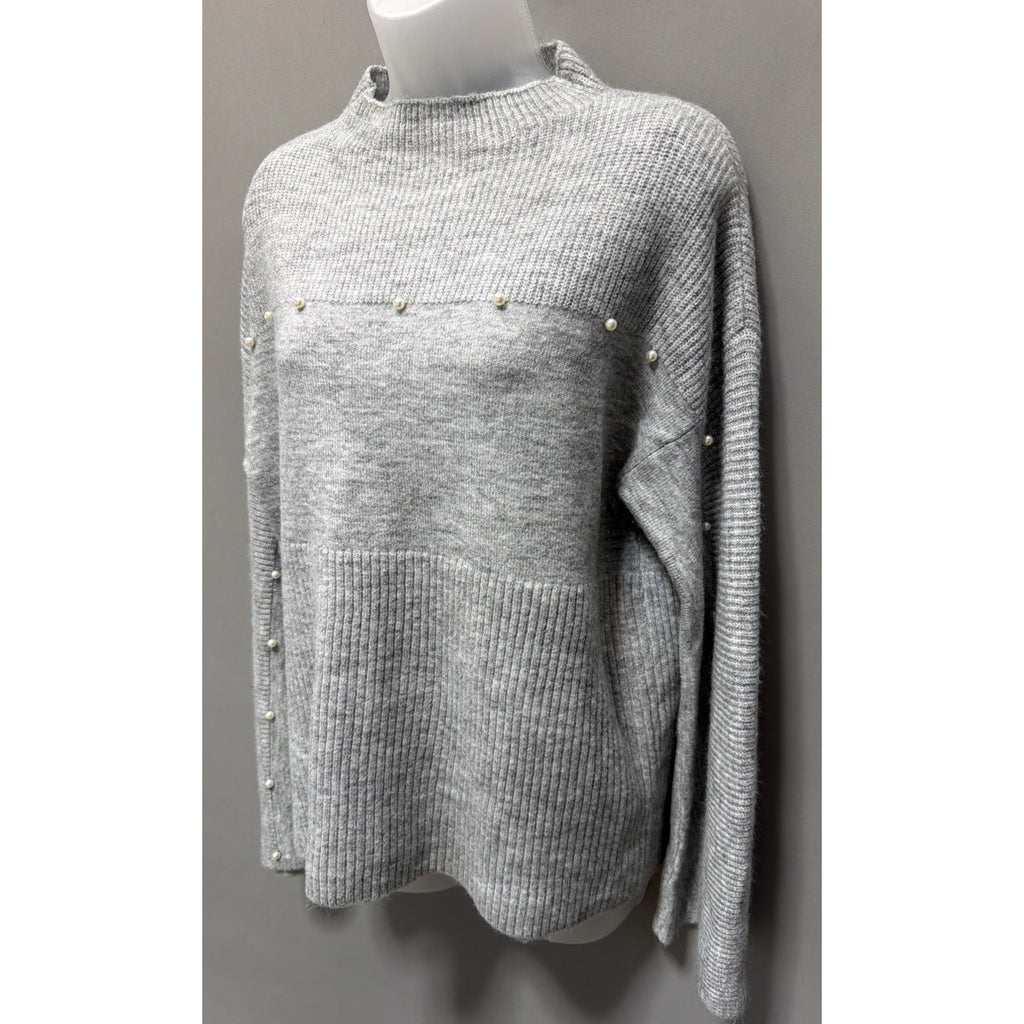 Red By Bke Faux Pearl Embellished Super Soft Mock Neck Knit Sweater Womens M