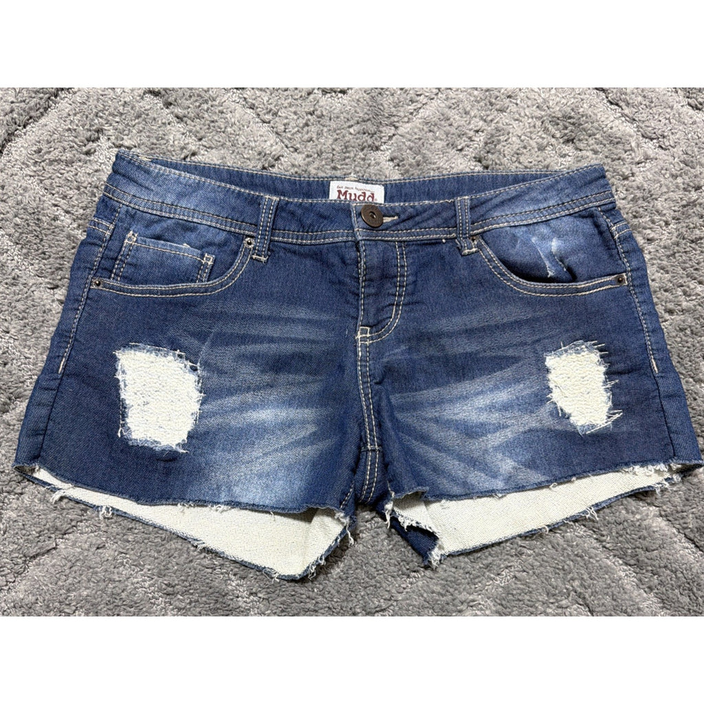 Mudd Distressed Denim Shorts Raw Hem Ripped Blue Wash Juniors Size 11 Y2k Beach