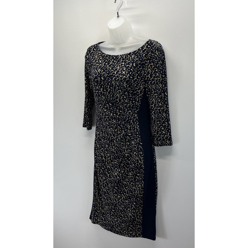 RALPH LAUREN Navy Blue Lined Ecru Dress Sz 2 Slimming Side Panels Ruched Detail