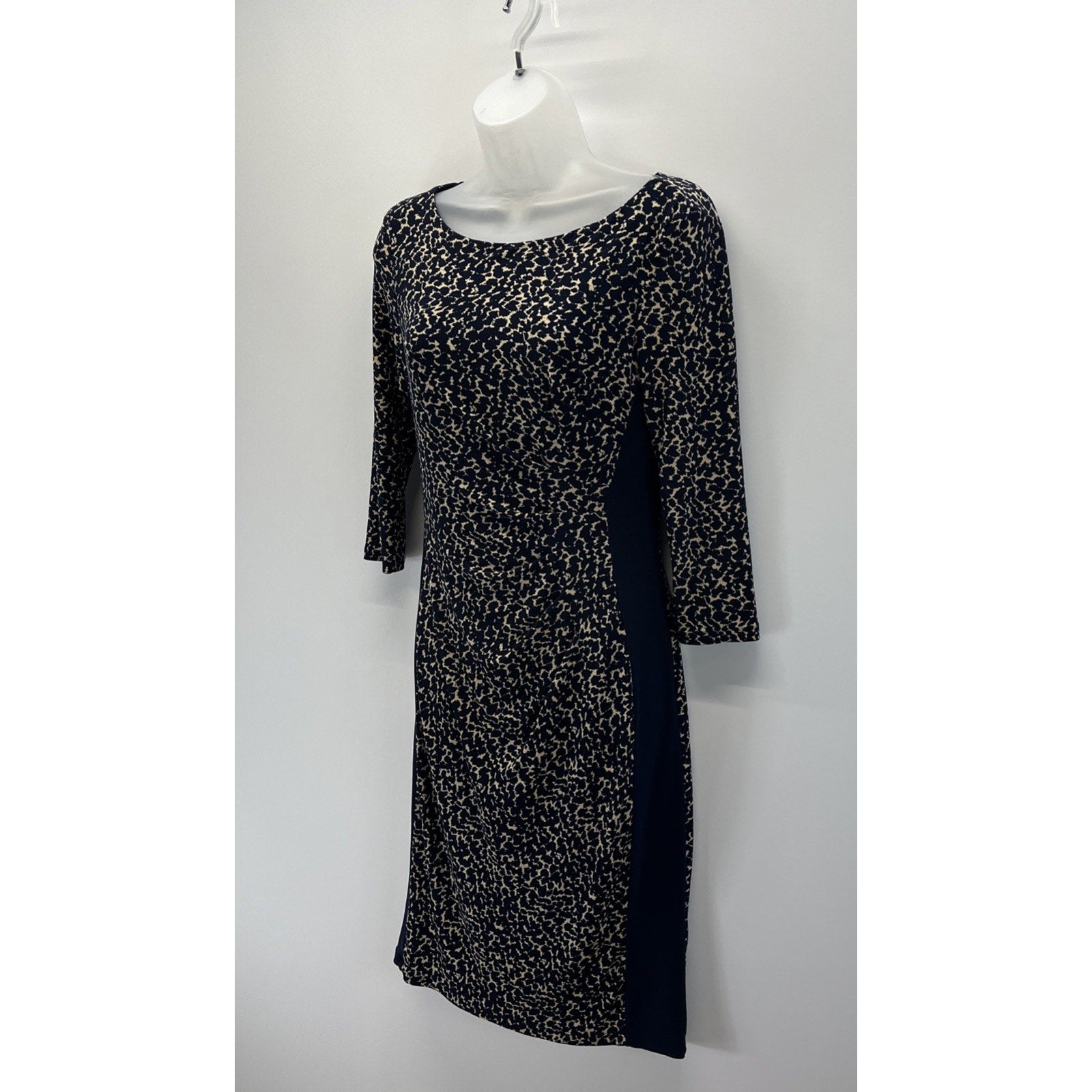 RALPH LAUREN Navy Blue Lined Ecru Dress Sz 2 Slimming Side Panels Ruched Detail