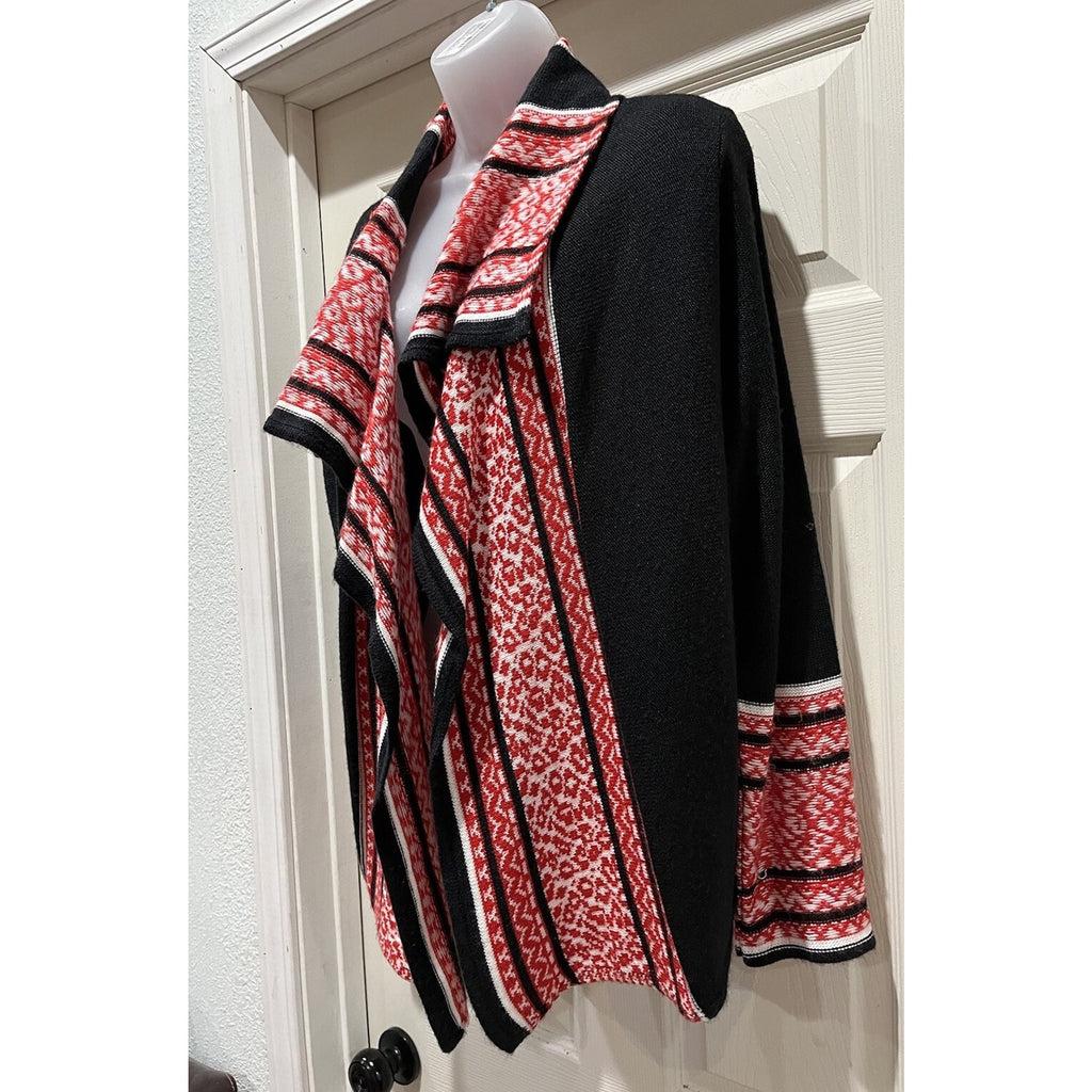 Ruby Rd Women’s Medium Open Front Cardigan Sweater Black Red USA Made Boho