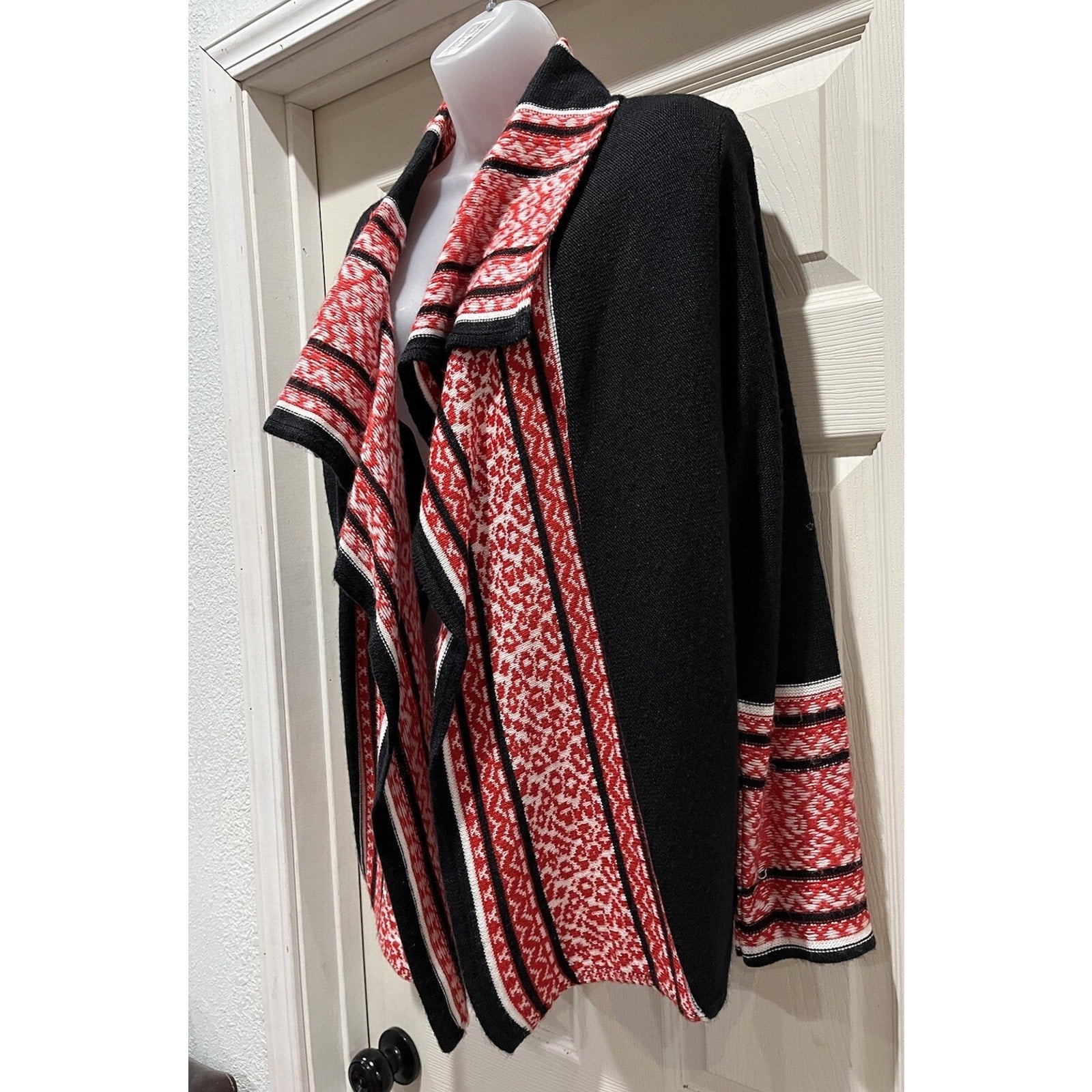 Ruby Rd Women’s Medium Open Front Cardigan Sweater Black Red USA Made Boho