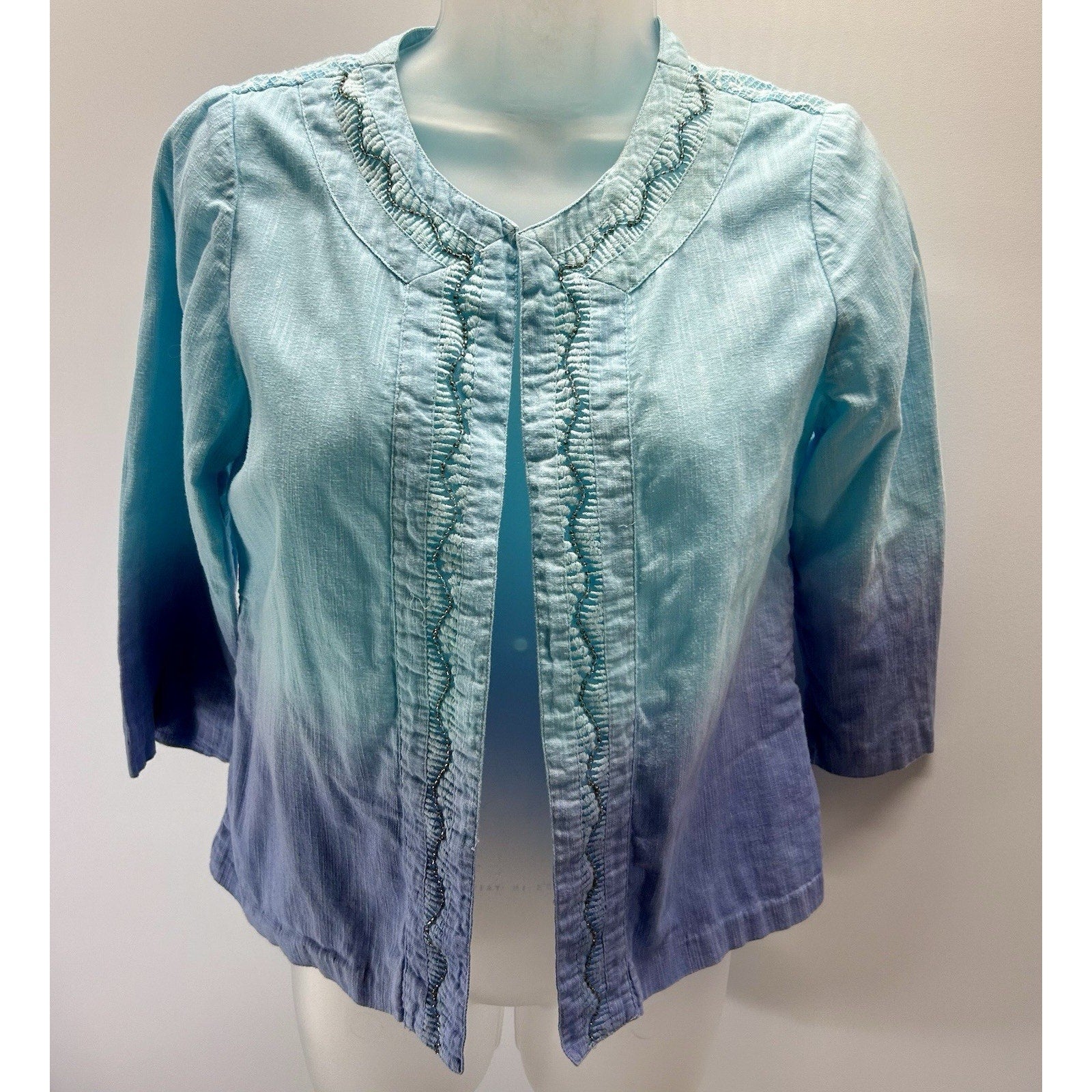 Chicos Womens Shrug Blue Purple Ombre Embellished Crochet Open Front Top 0 S