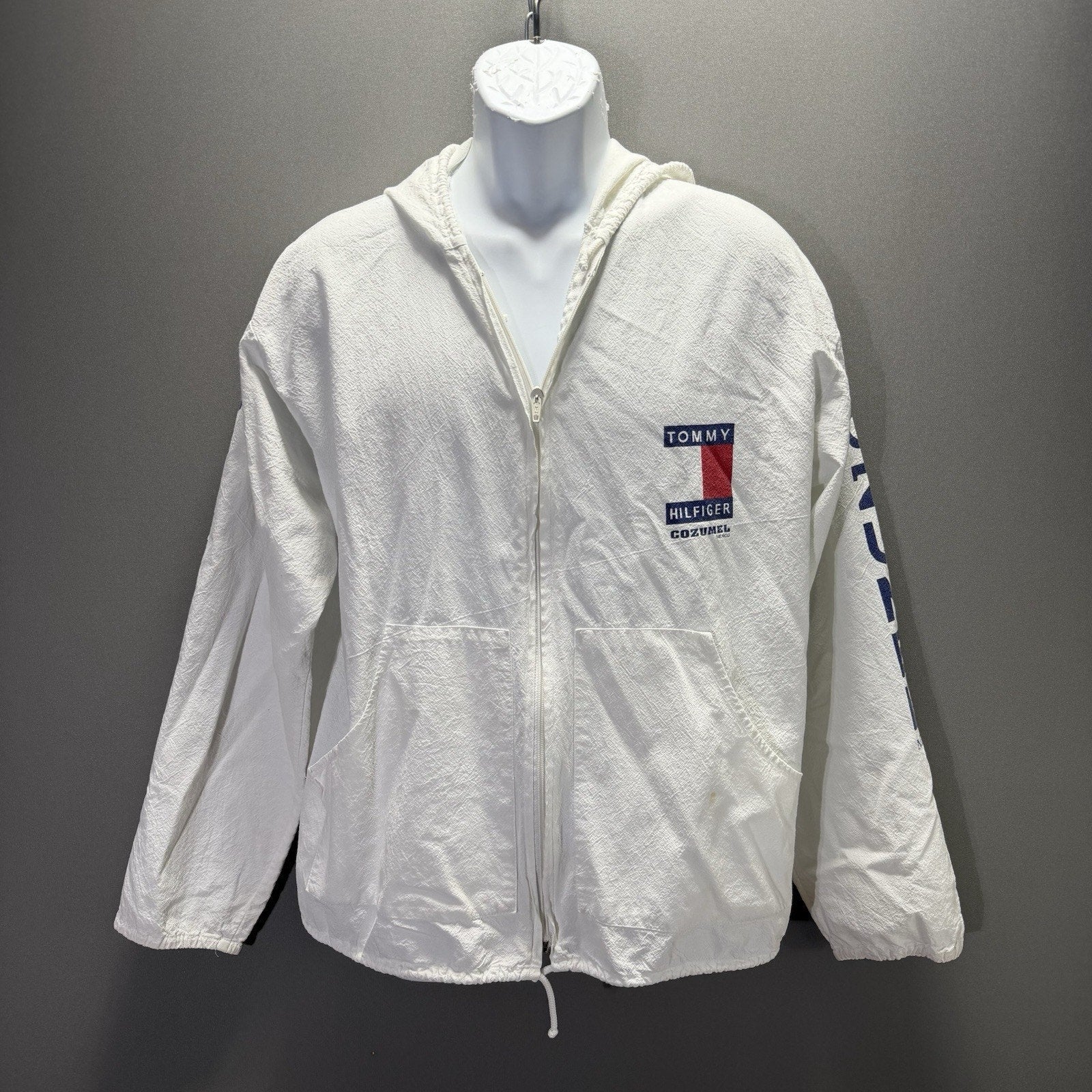 Vintage Tommy Hilfiger Cozumel Mexico Jacket White Hooded Windbreaker Flag Logo