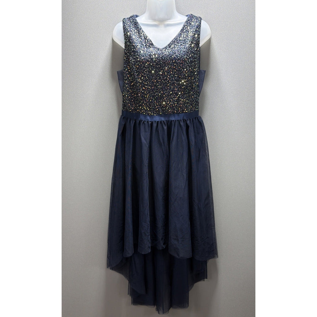 BeryLove L Navy Sequin High Low Formal Dress Sleeveless V Neck Tulle NWT