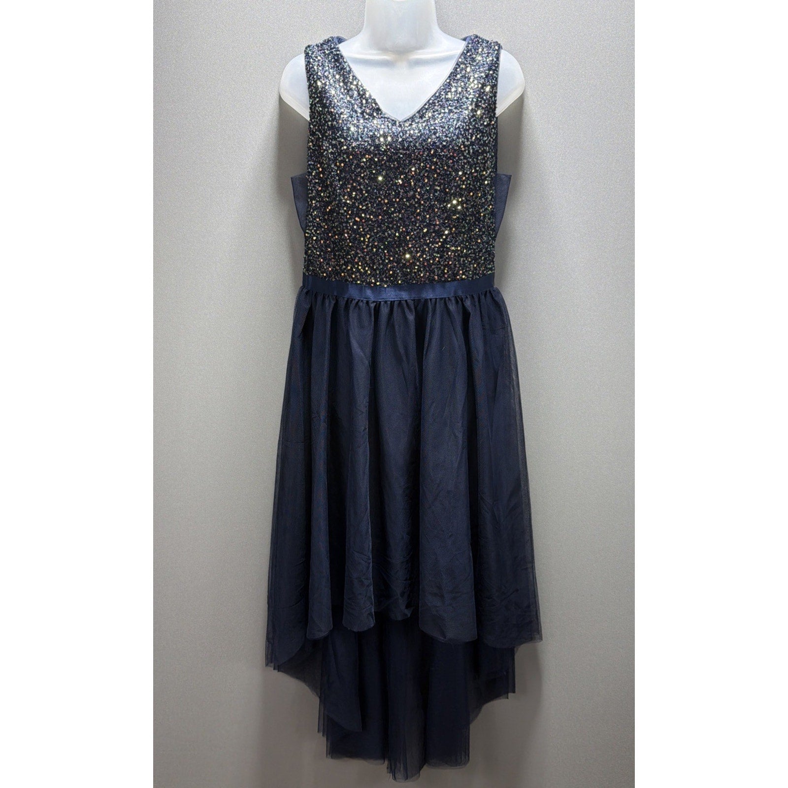 BeryLove L Navy Sequin High Low Formal Dress Sleeveless V Neck Tulle NWT