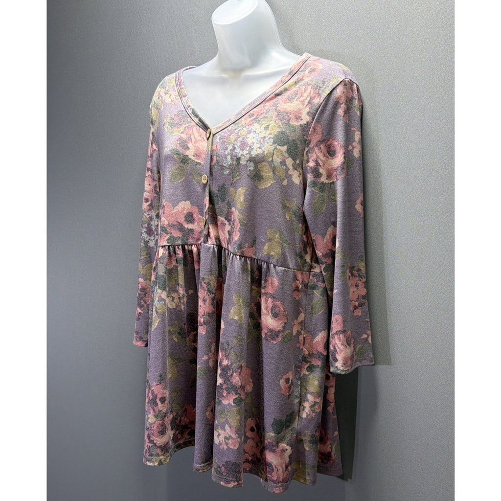 Honeyme Large Floral Tunic Top 3/4 Sleeve Babydoll Blouse Stretch NWT
