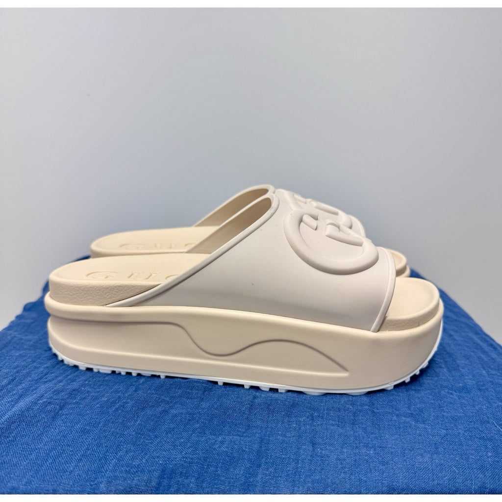 Gucci Miami Platform Slides Interlocking G Rubber Beige Size (38) 7 Women’s