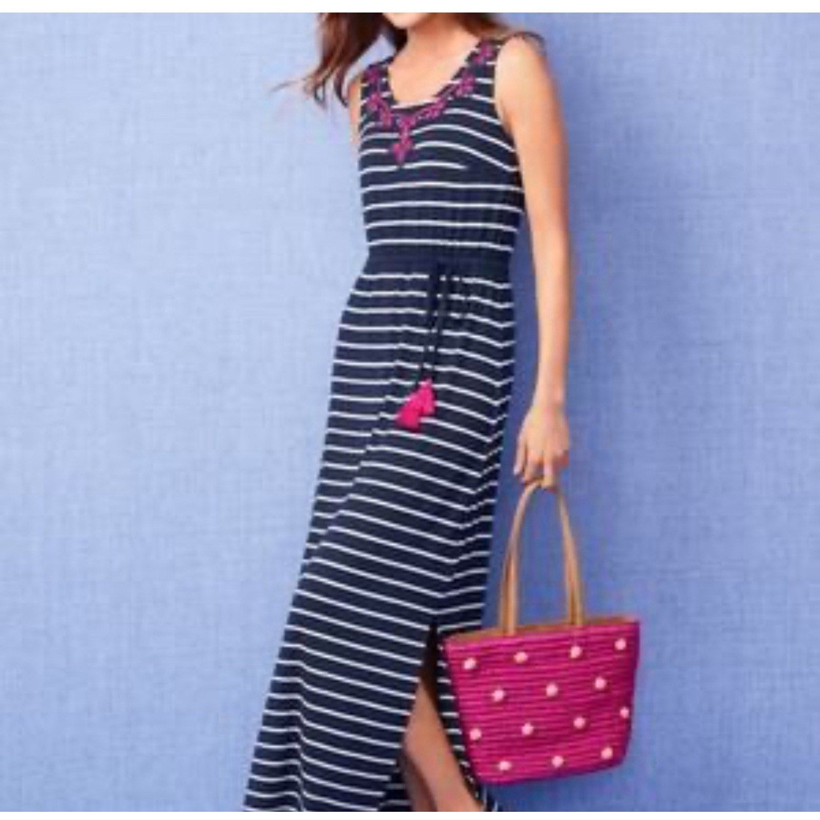 Talbots Maxi Dress Embroidered Navy White Striped Pink Tassel Belt Size M NWT