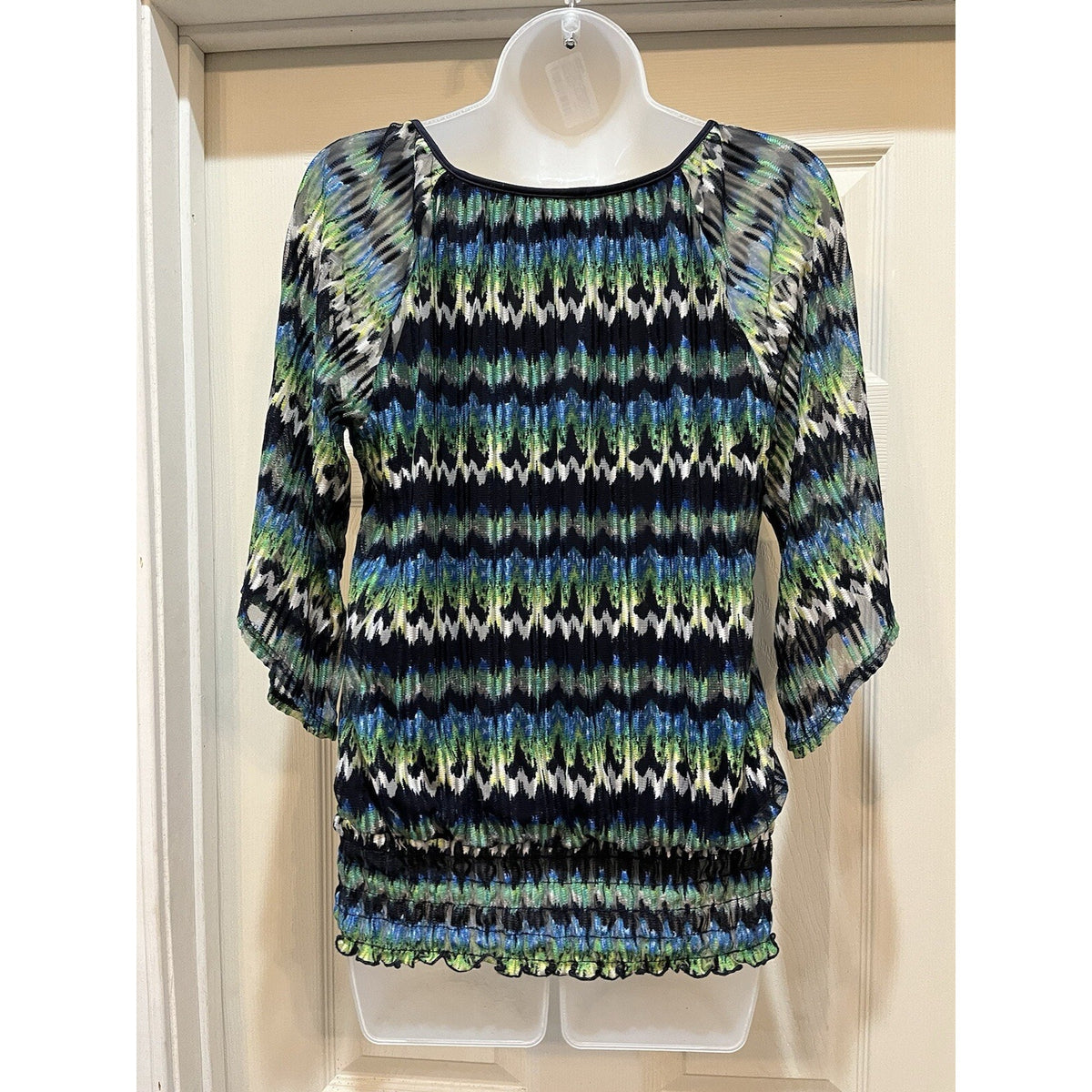 New Directions Zig Zag Print Top Small Women's Blouse Tunic Blue Green Beige 3/4