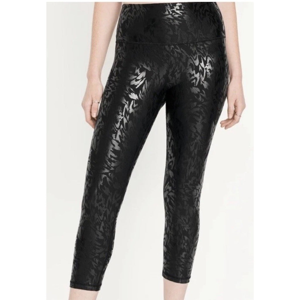 Old Navy High-Waisted PowerSoft Foil-Print Black Leggings Full Length Size S NWT